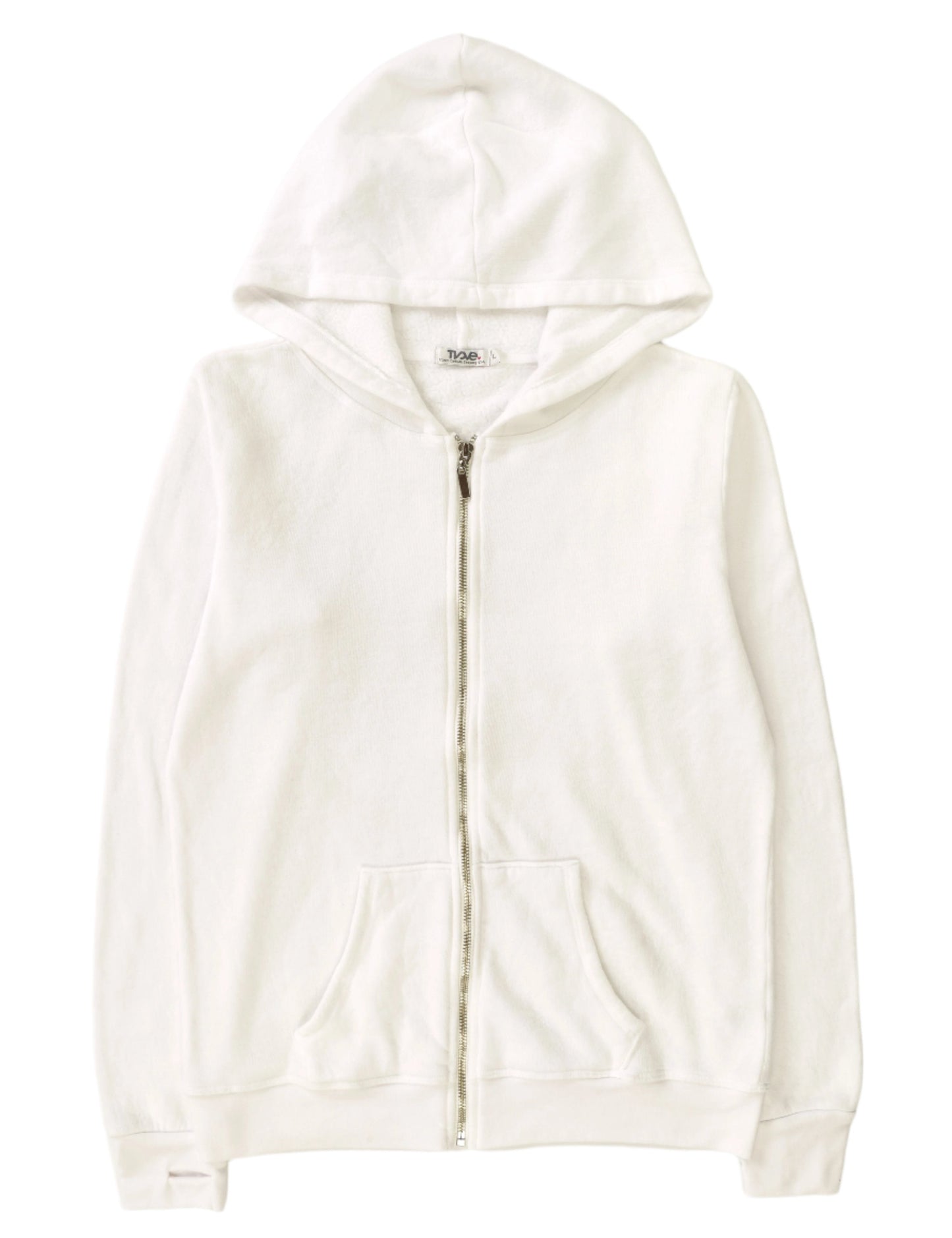 women's white jacket with hood and front pockets with full-length zipper and elastic cuffs and trimming on bottom hem and along the zipper and hood, with thumbholes on the cuffs