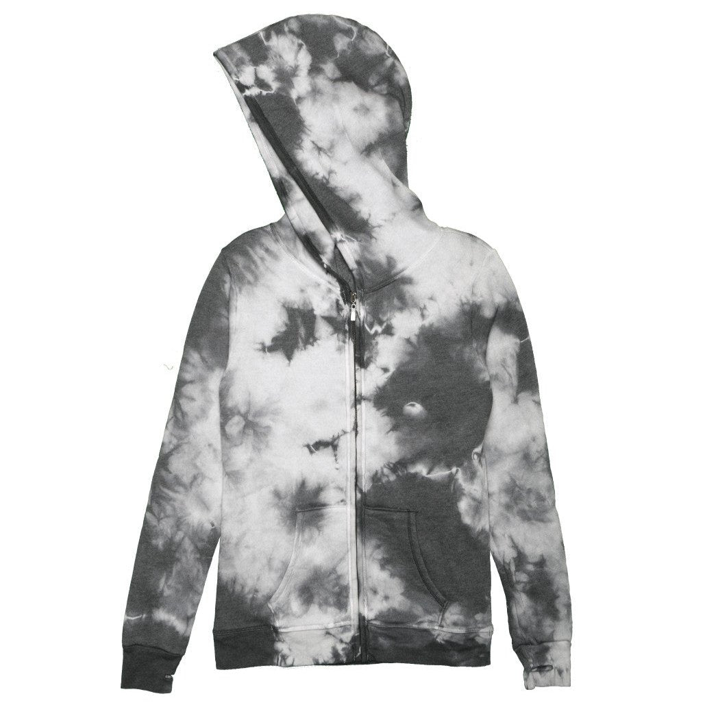 women's black tie-dye splotches on white jacket with hood and front pockets with full-length zipper and elastic cuffs and trimming on bottom hem and along the zipper and hood, with thumbholes on the cuffs