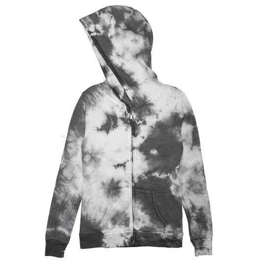 women's black tie-dye splotches on white jacket with hood and front pockets with full-length zipper and elastic cuffs and trimming on bottom hem and along the zipper and hood, with thumbholes on the cuffs