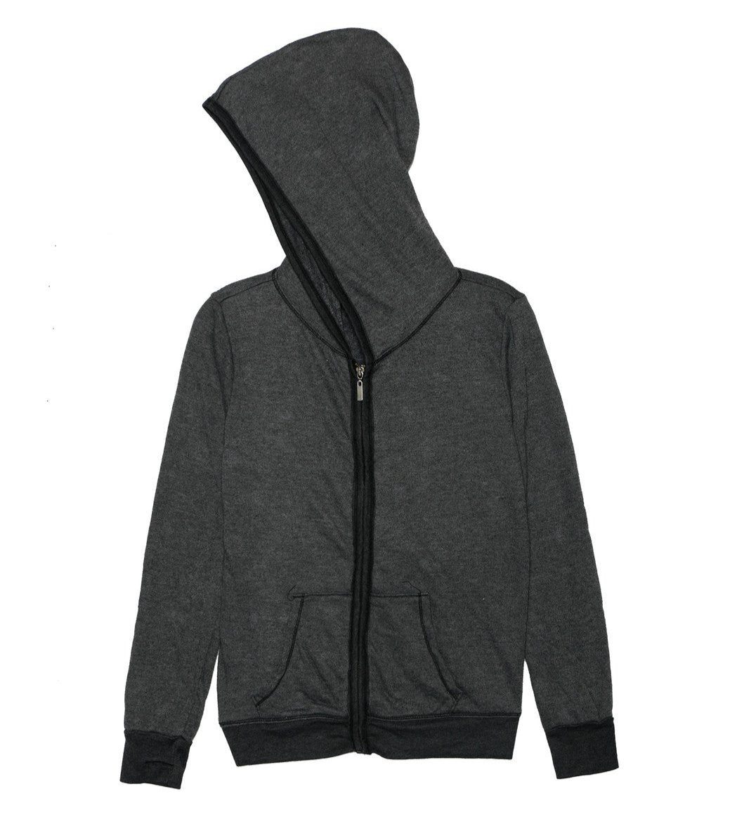 women's heather-black jacket with hood and front pockets with full-length zipper and darker black elastic cuffs and trimming on bottom hem, with darker black trimming along the zipper and hood, with thumbholes on the cuffs