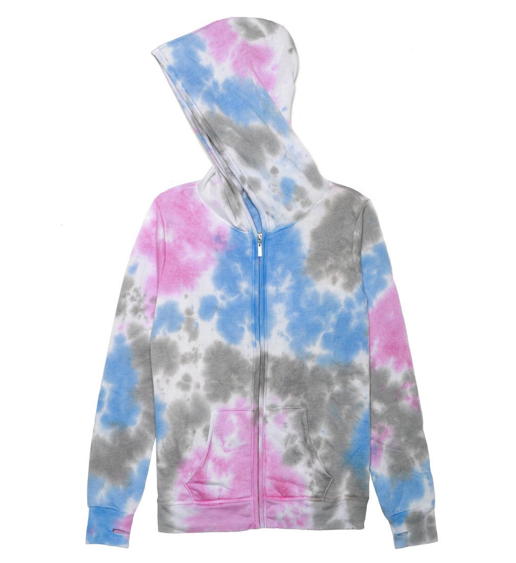 women's pink, blue, and gray tie-dye splotches on white fabric jacket with hood and front pockets with full-length zipper and elastic cuffs and trimming on bottom hem, with trim along the zipper and hood, with thumbholes on the cuffs