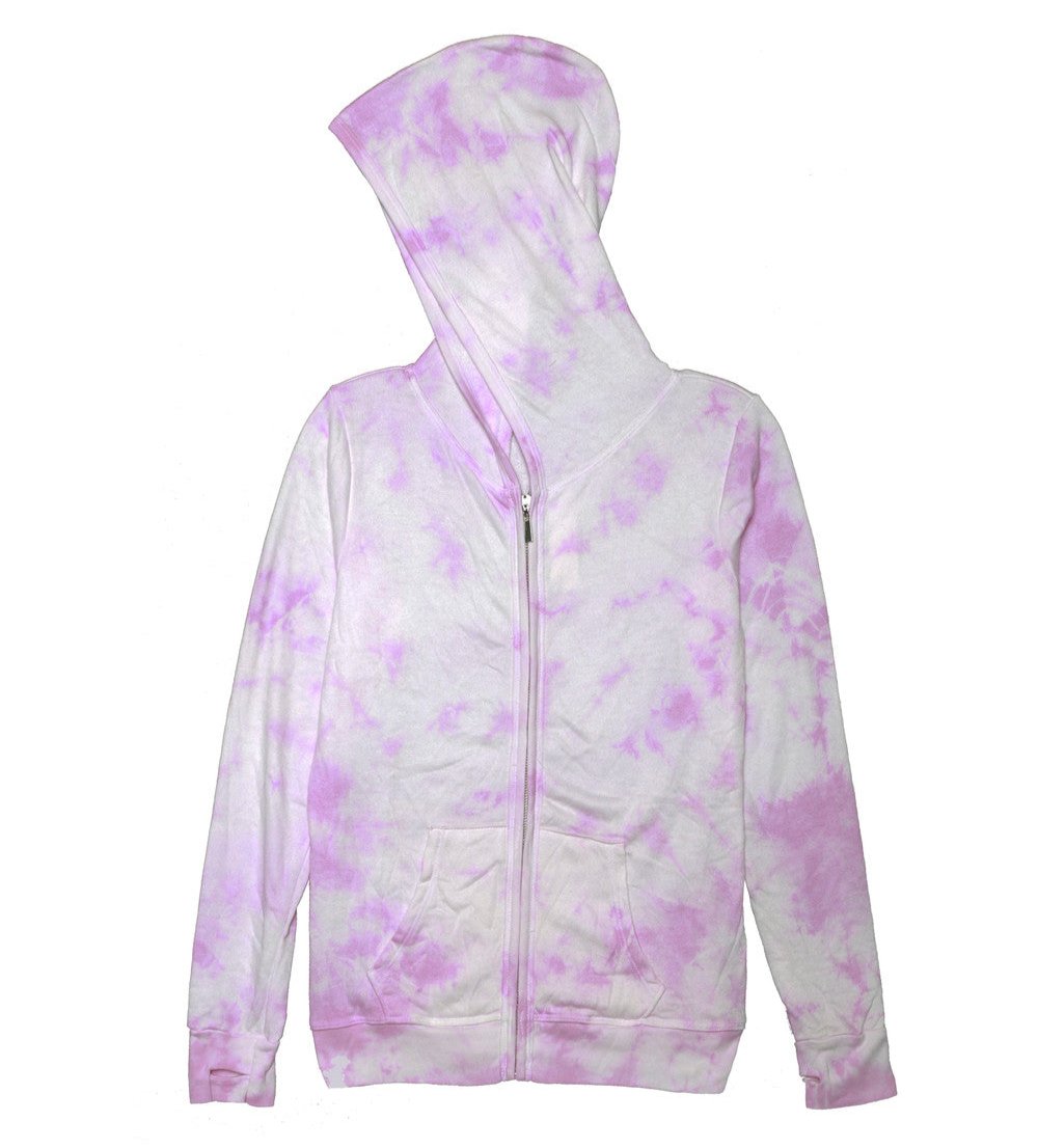 women's pink tie-dye splotches on white jacket with hood and front pockets with full-length zipper and elastic cuffs and trimming on bottom hem, with trim along the zipper and hood, with thumbholes on the cuffs