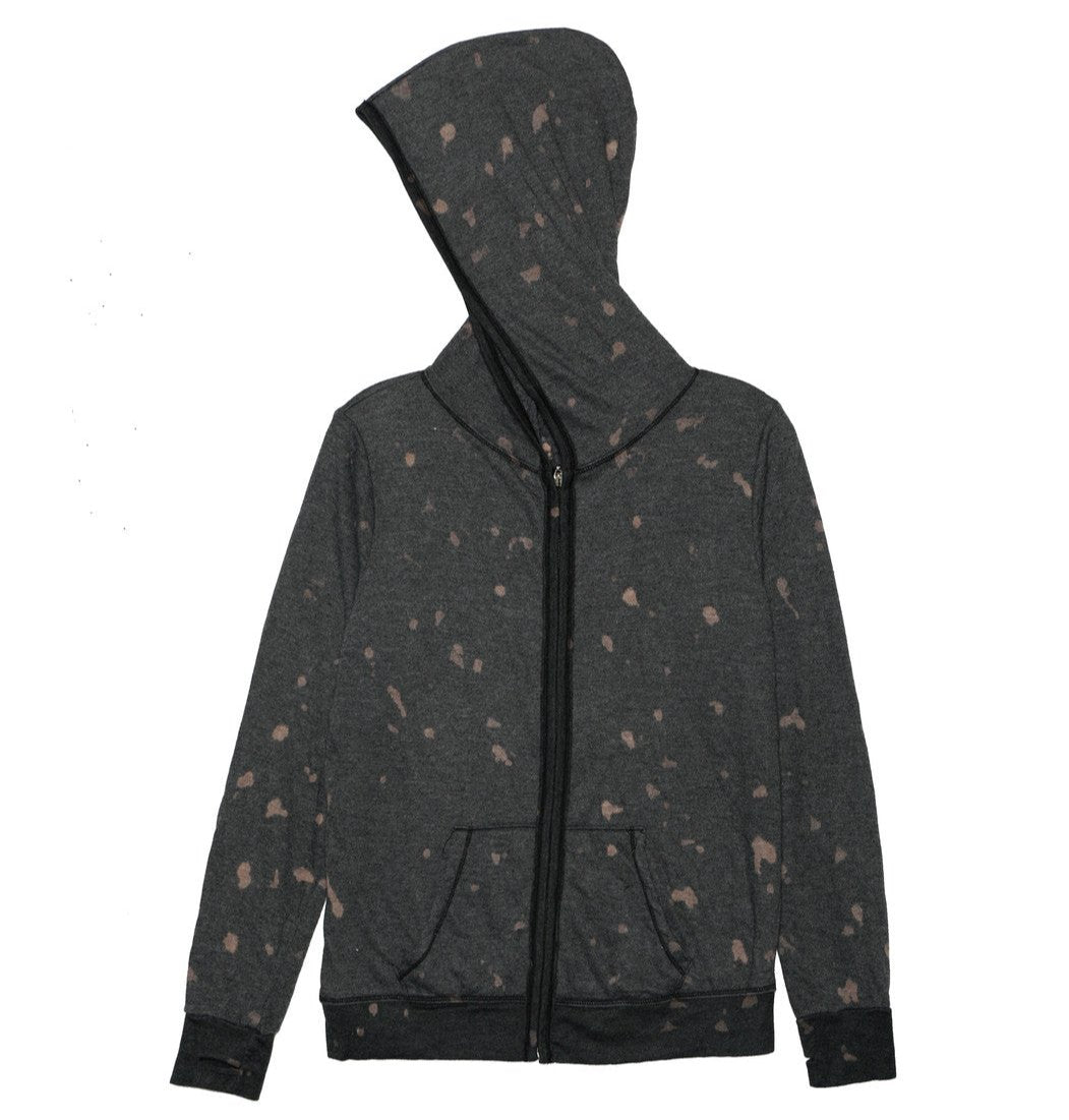 women's muted-orange spotted tie-dye on black fabric jacket with hood and front pockets with full-length zipper and elastic cuffs and trimming on bottom hem, with trim along the zipper and hood, with thumbholes on the cuffs