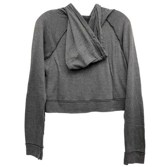 women's back side of heather-black jacket with hood folded down, cuffs and trimming on bottom hem, with cropped torso and thumbholes on the cuffs