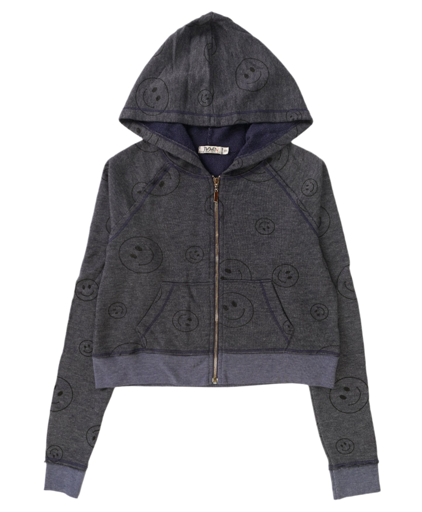 women's navy jacket with printed black happy faces all over with hood and front pockets with full-length zipper and elastic cuffs and trimming on bottom hem, with cropped torso and thumbholes on the cuffs