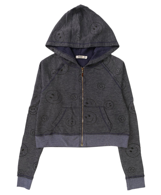 women's navy jacket with printed black happy faces all over with hood and front pockets with full-length zipper and elastic cuffs and trimming on bottom hem, with cropped torso and thumbholes on the cuffs