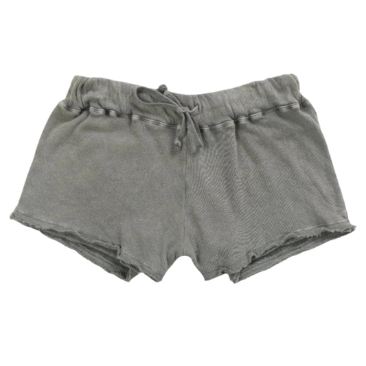 women's gray wide-legged shorts with raw hemming at pant leg ends, and thick waistband with the drawstring at the front tied into a bow