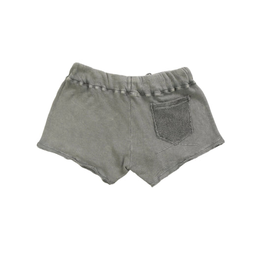 back side of women's gray wide-legged shorts with reversed-fabric pocket with raw hemming at pant leg ends and thick waistband