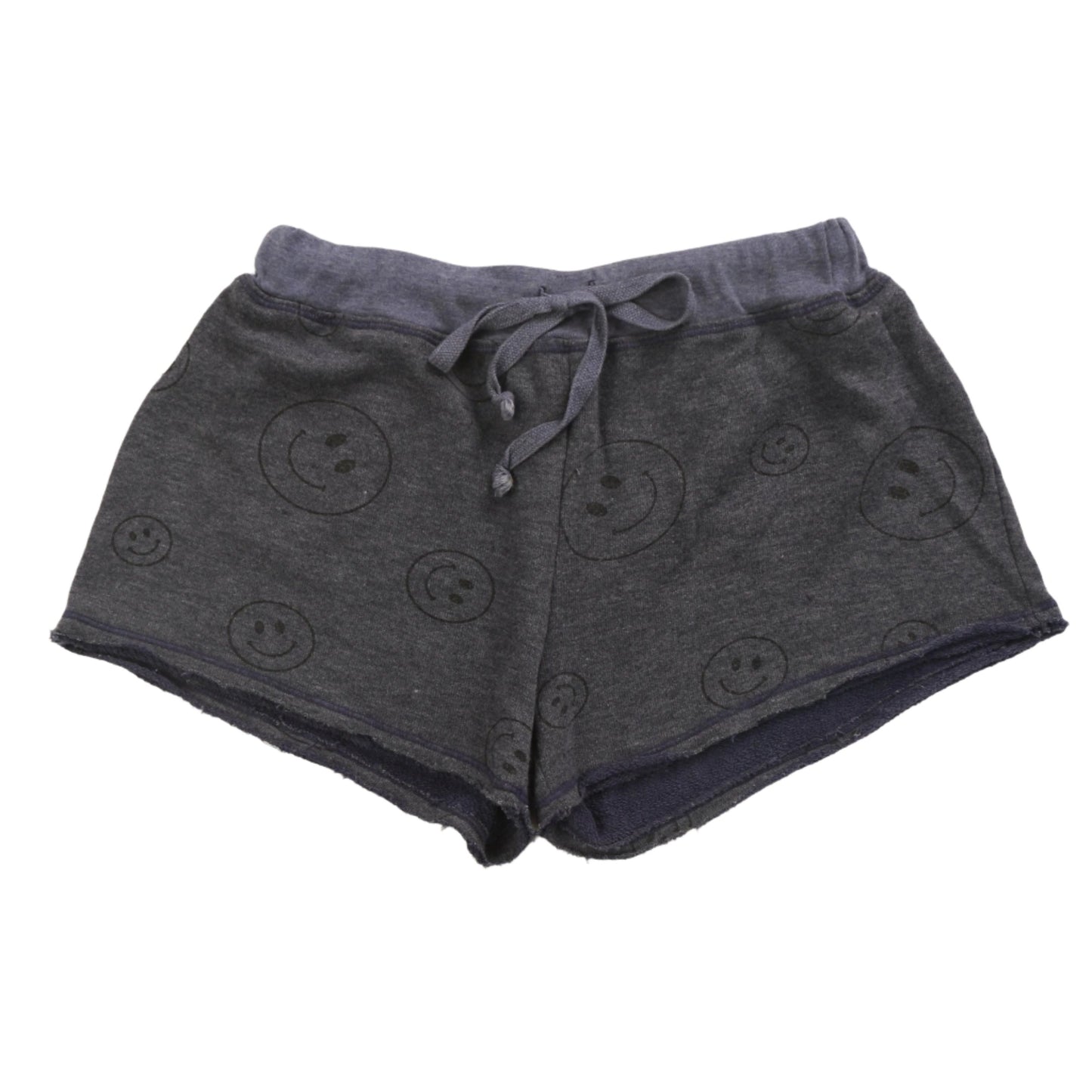 women's navy with black happy faces printed all over wide-legged shorts with raw hemming at pant leg ends, and thick waistband with the drawstring at the front tied into a bow