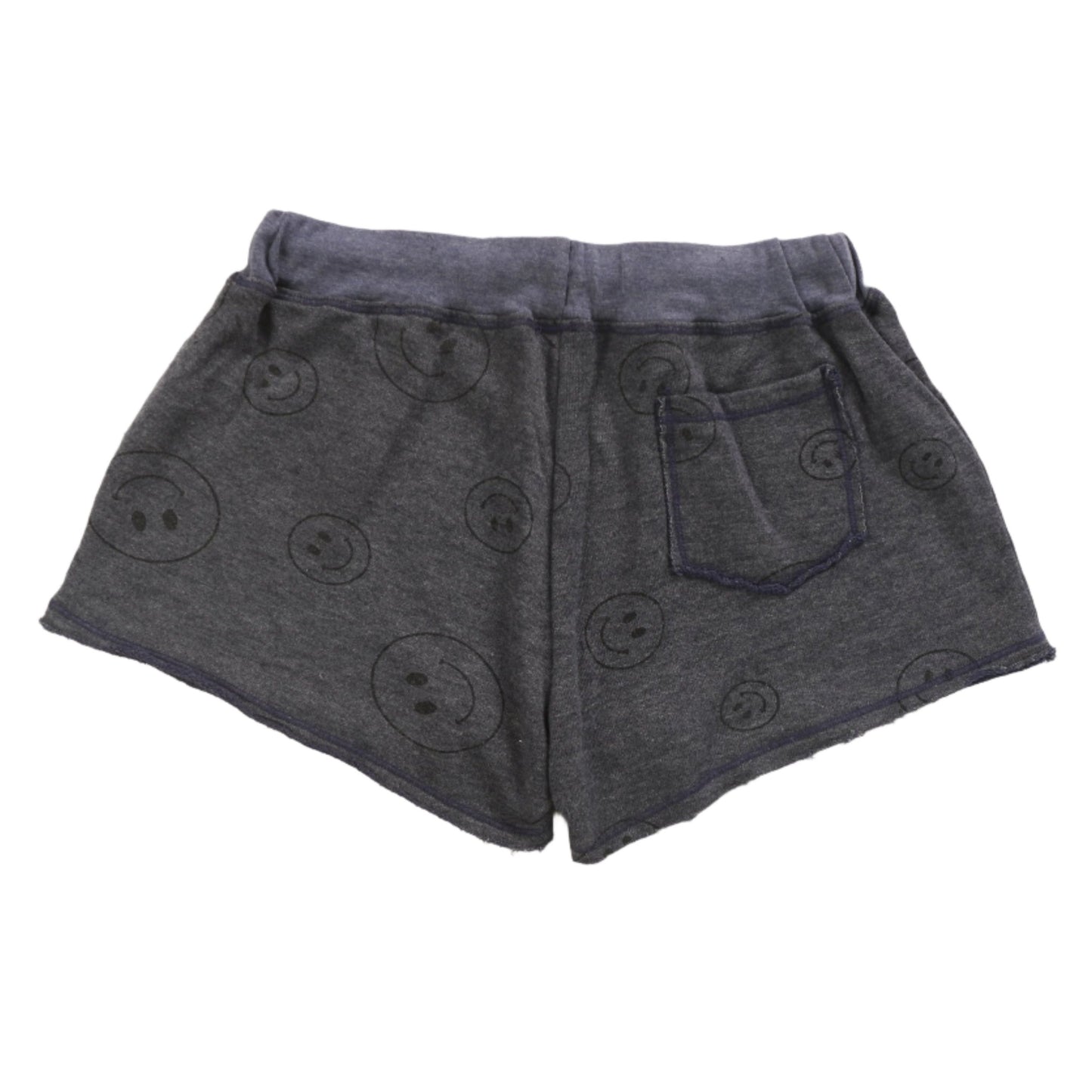 back side of women's navy with black happy faces printed all over wide-legged shorts with back pocket on right side with raw hemming at pant leg ends and thick waistband