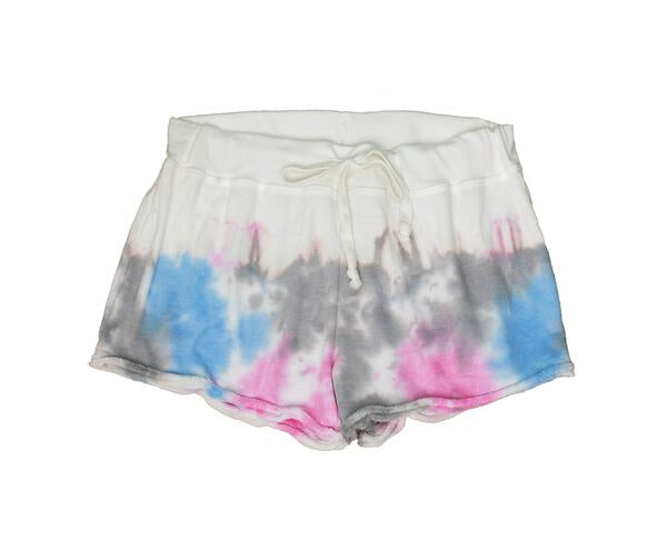 women's blue, pink, and gray tie-dye splotches on bottom half of the white fabric wide-legged shorts with raw hemming at pant leg ends, and thick waistband with the drawstring at the front tied into a bow