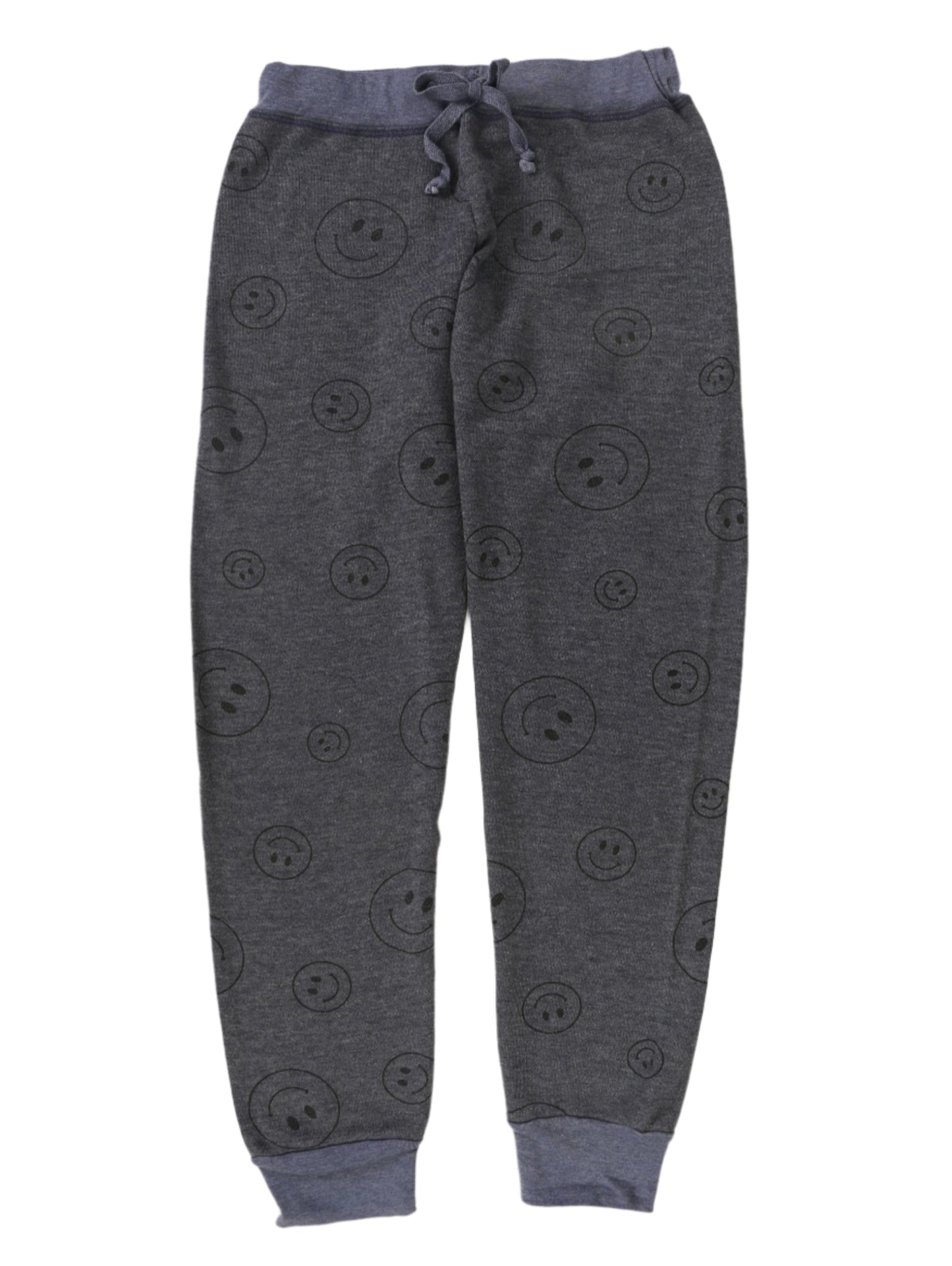 women's dark navy with black happy faces printed all over sweatpants with elastic cuffs at the ends of the pant legs and drawstring tied into a bow at the front of the waistband