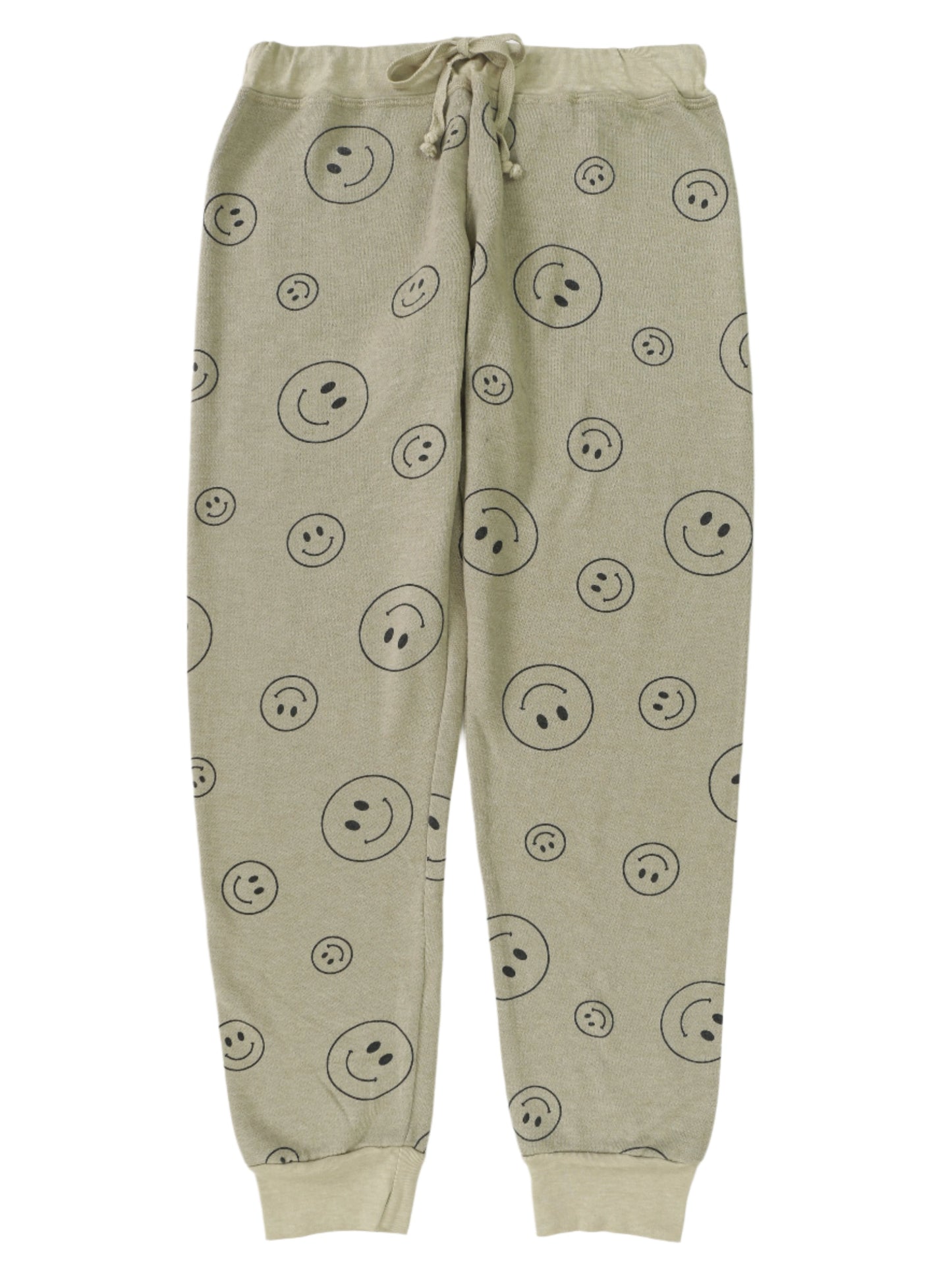 women's olive green with black happy faces printed all over sweatpants with elastic cuffs at the ends of the pant legs and drawstring tied into a bow at the front of the waistband
