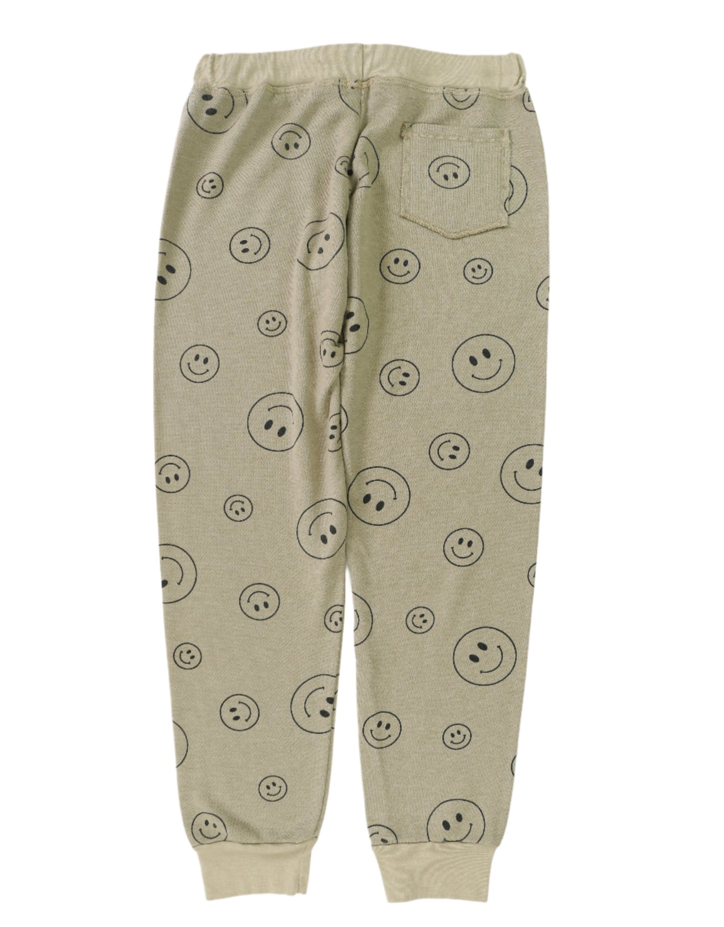women's olive green with black happy faces printed all over sweatpants with elastic cuffs at the ends of the pant legs and back pocket on right side