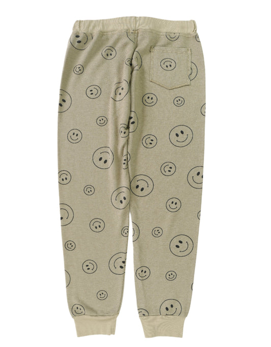 women's olive green with black happy faces printed all over sweatpants with elastic cuffs at the ends of the pant legs and back pocket on right side