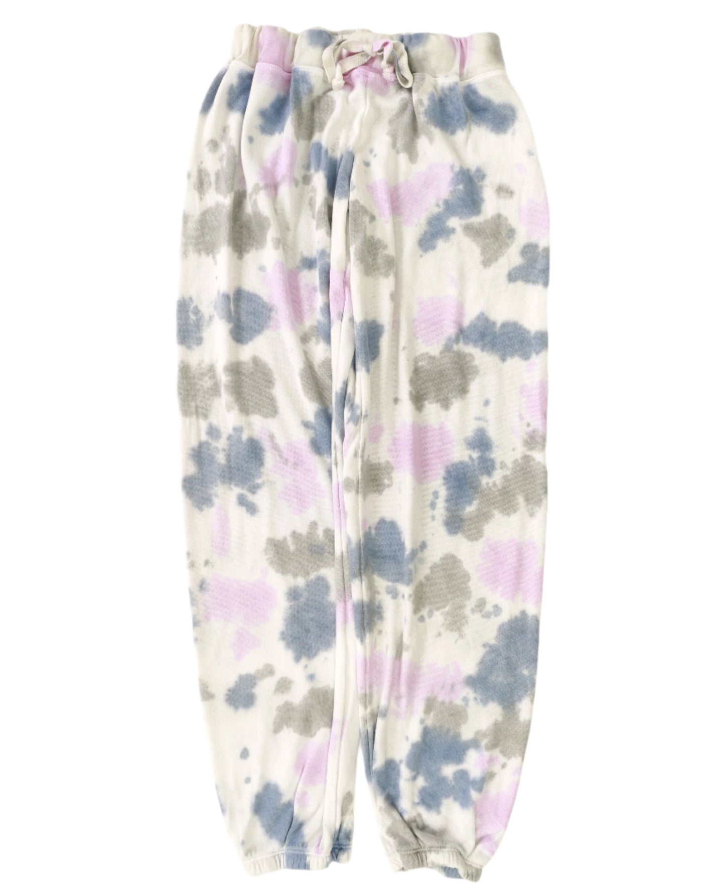 women's denim blue, gray, and pink tie-dye splotches on white fabric wide sweatpants with elastic cuffs and drawstring on elasticized waistband