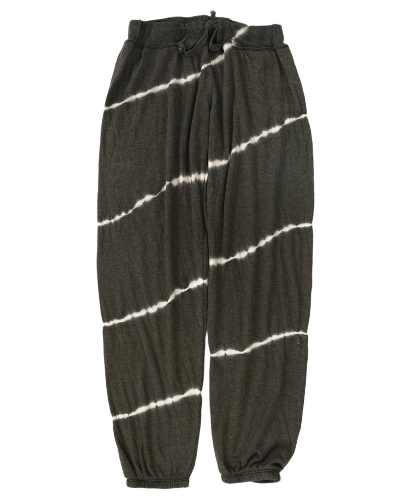 women's white diagonal tie-dye stripes on black fabric wide sweatpants with elastic cuffs and drawstring on elasticized waistband
