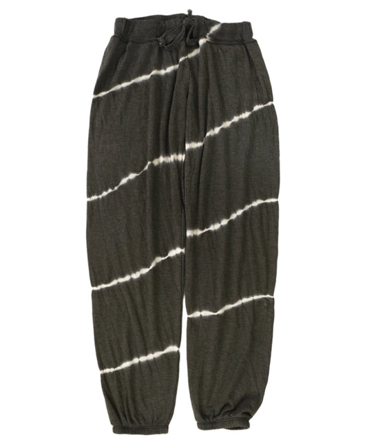women's white diagonal tie-dye stripes on black fabric wide sweatpants with elastic cuffs and drawstring on elasticized waistband