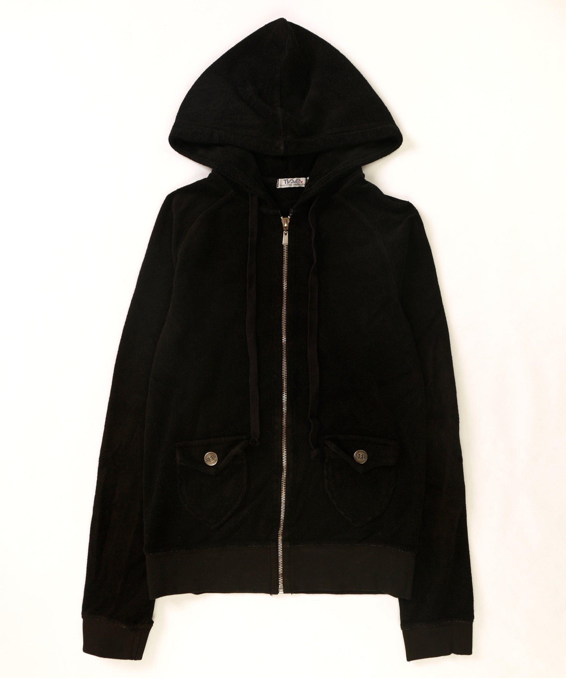 women's black velvety fabric jacket with drawstring hood and two front pockets with metal buttoned flaps with cuffed sleeves and hemming and full-length metal zipper