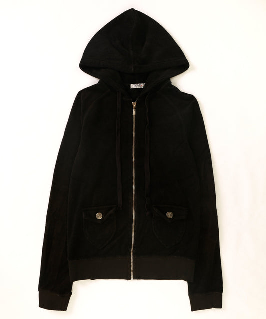 women's black velvety fabric jacket with drawstring hood and two front pockets with metal buttoned flaps with cuffed sleeves and hemming and full-length metal zipper