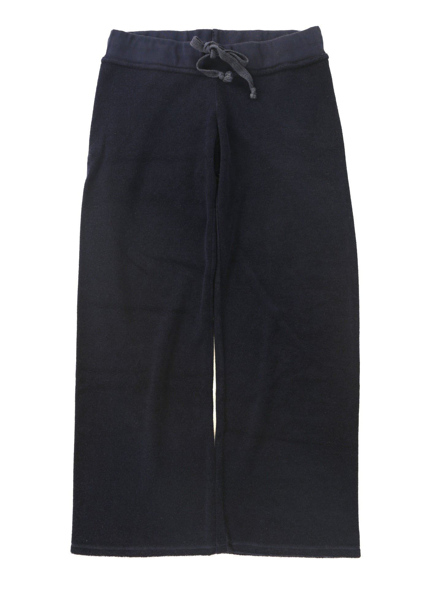 women's dark navy velvety fabric wide-legged pants with elasticized waistband and drawstring tied into a bow