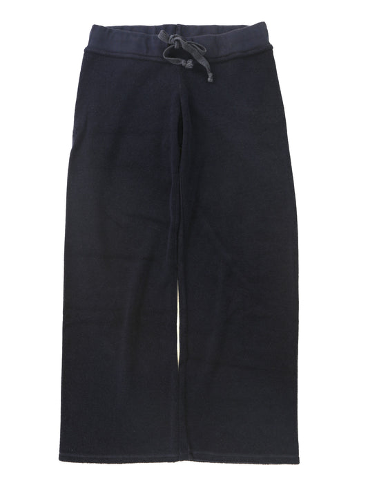 women's dark navy velvety fabric wide-legged pants with elasticized waistband and drawstring tied into a bow
