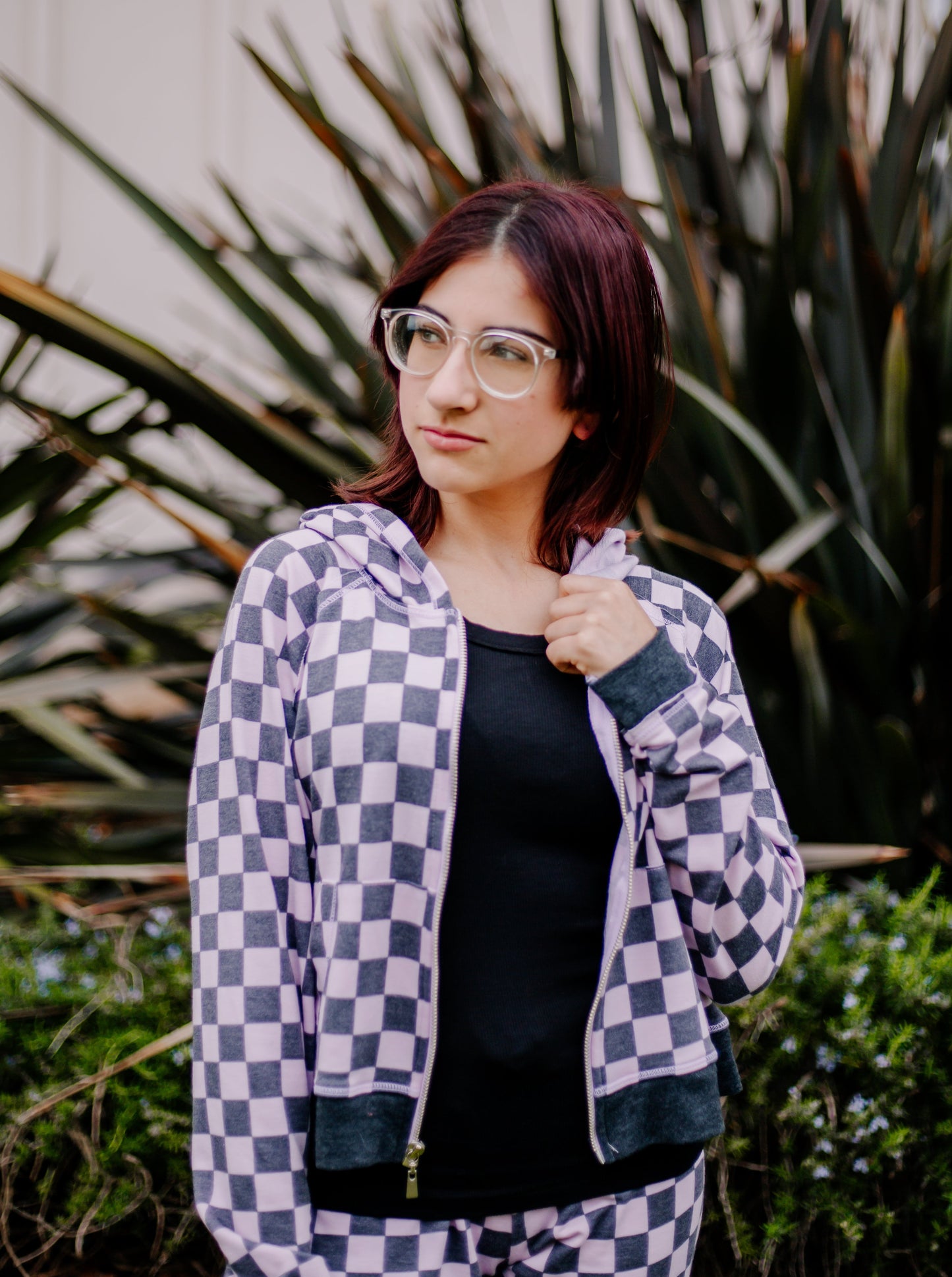 Cropped Hooded Jacket (Checker Pattern)