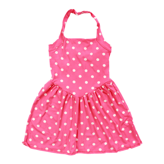 Wide-Strap Halter Dress (White Polka Dots)