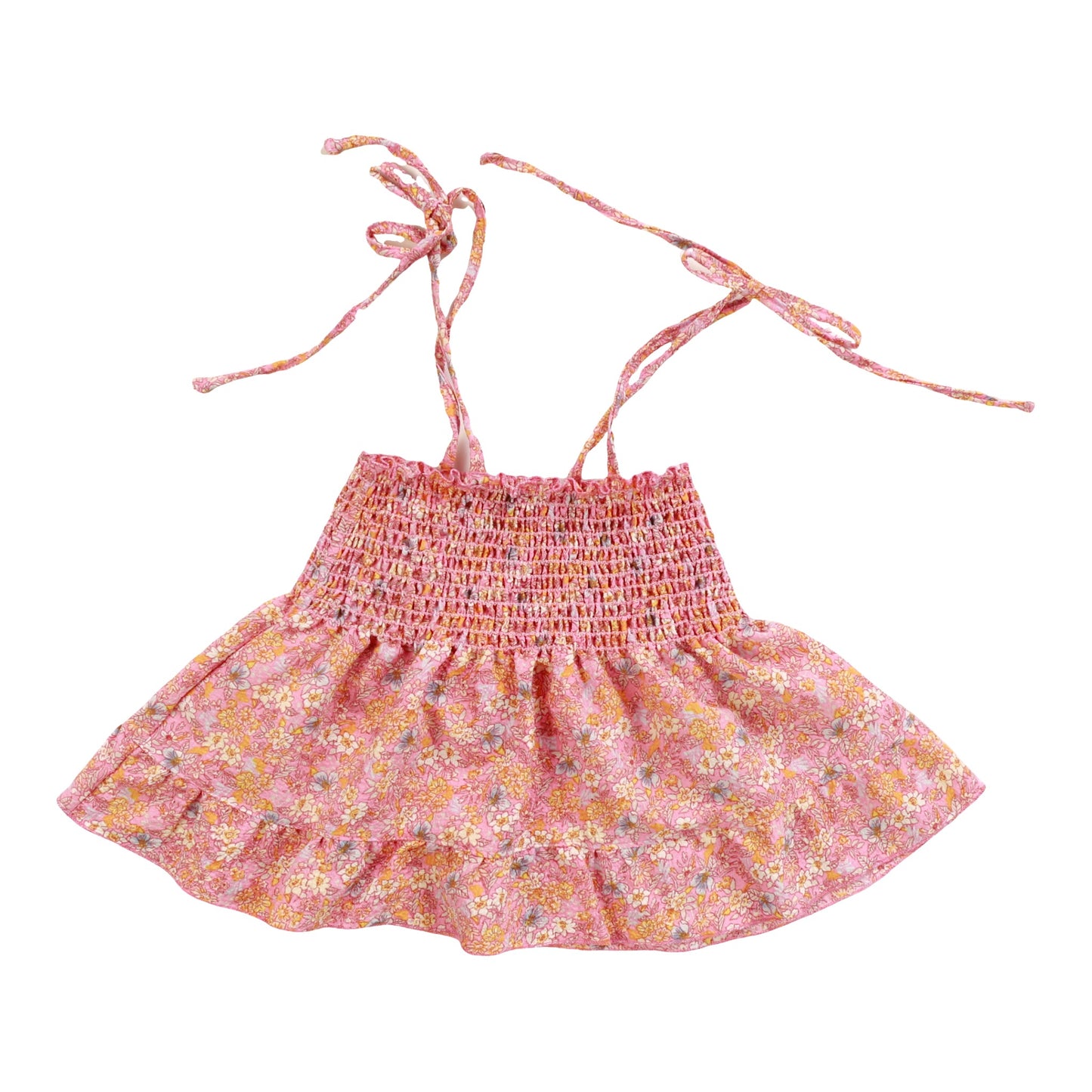Smocked Tie-Strap Top (Peach Floral Pattern)