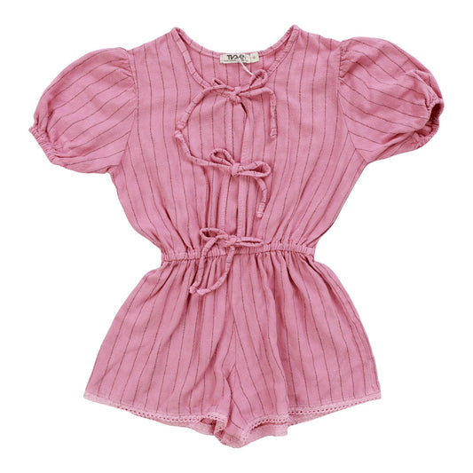Puff-Sleeve Bows Romper (Vertical Stripes Pattern)