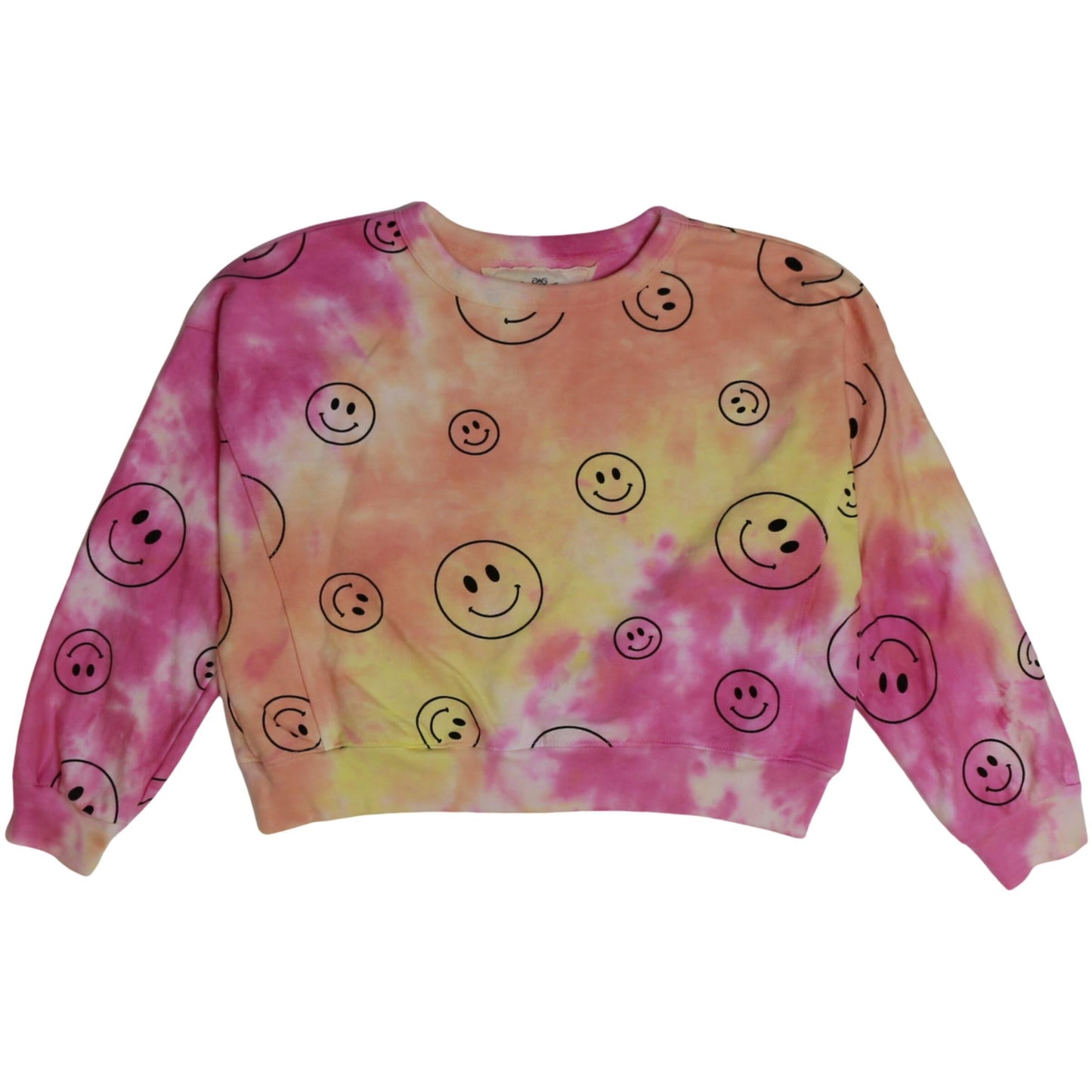 Heather Dolman Sweater Top (Pink-Orange-Yellow Tie-Dye with Happy Face Pattern)