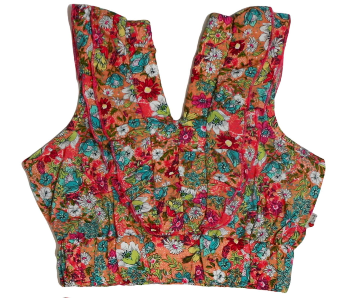 V-Neck Double-Ruffle Top (Orange Floral Pattern)