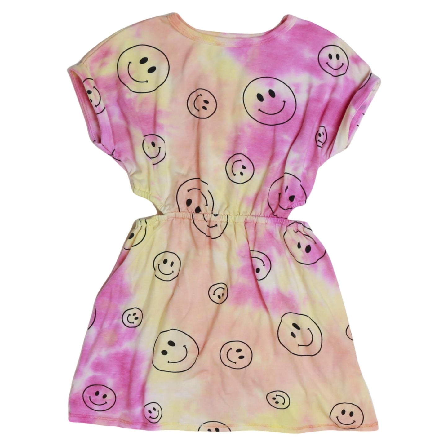 Side-Cut Dress (Pink-Orange-Yellow Tie-Dye with Happy Face Pattern)