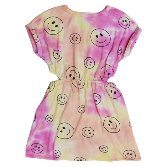 Side-Cut Dress (Pink-Orange-Yellow Tie-Dye with Happy Face Pattern)