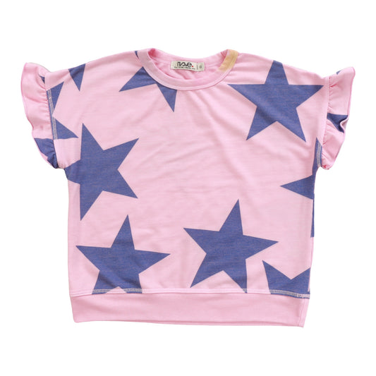 Ruffle-Sleeve Banded Top (Cobalt Stars Pattern)