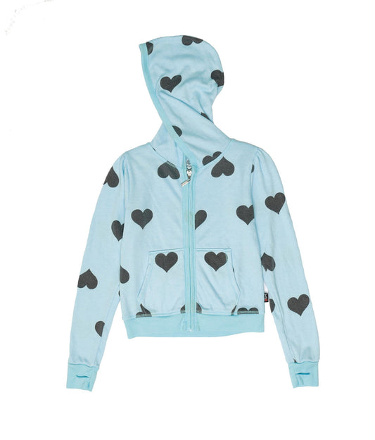 Heart-Print Puff-Shoulder Hooded Jacket