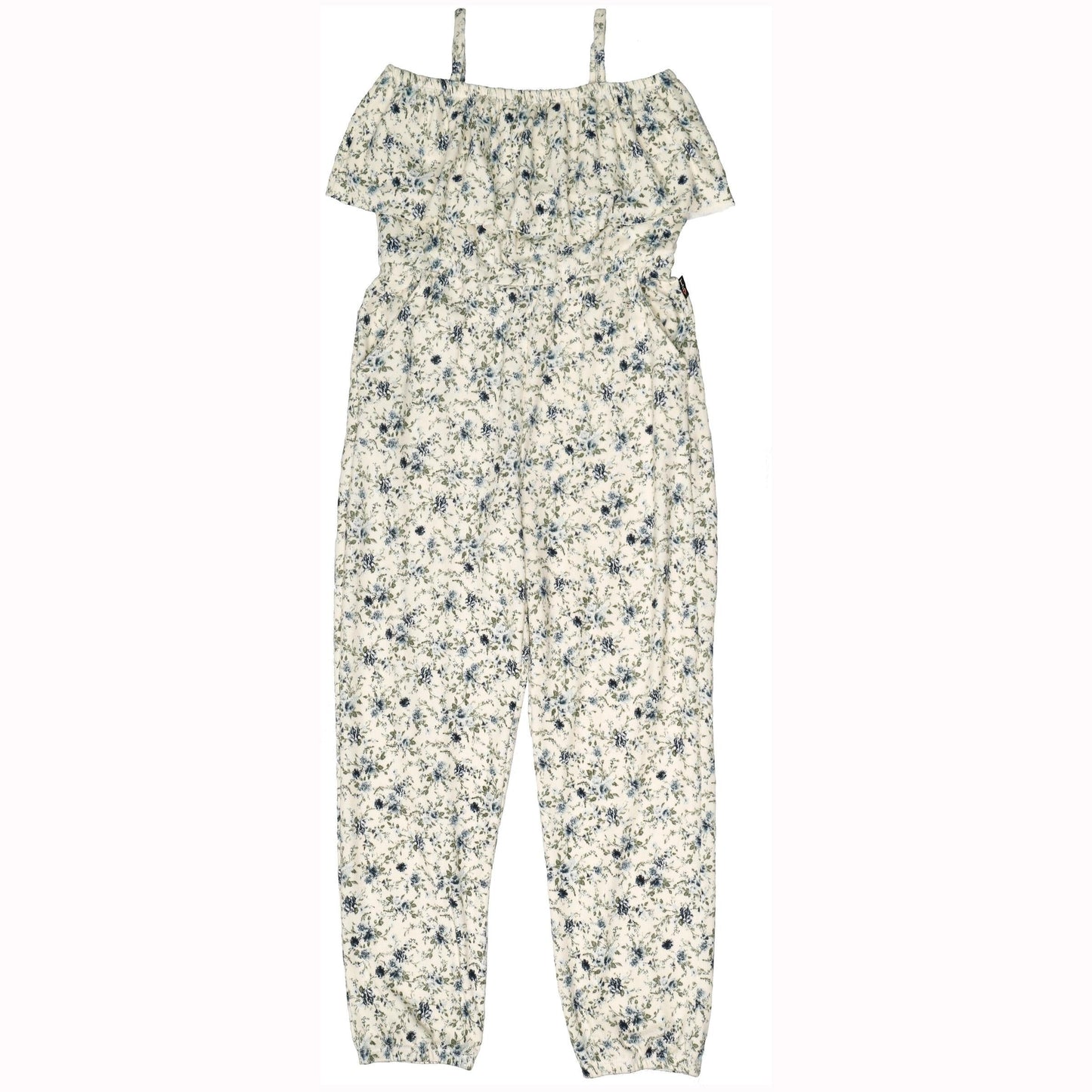 Ruffle-Top Jumpsuit (Navy Floral Pattern)