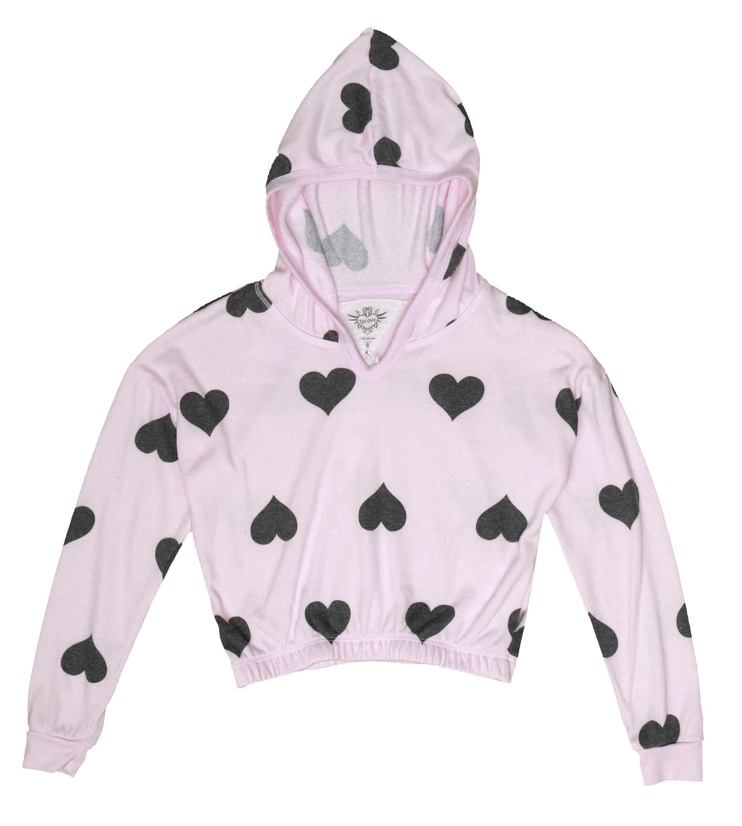 Hooded Long-Sleeve Top (Heart-Print Pattern)