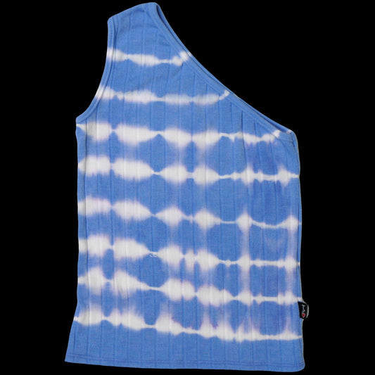 Blue-White Tie-Dye Ribbed One-Shoulder Top