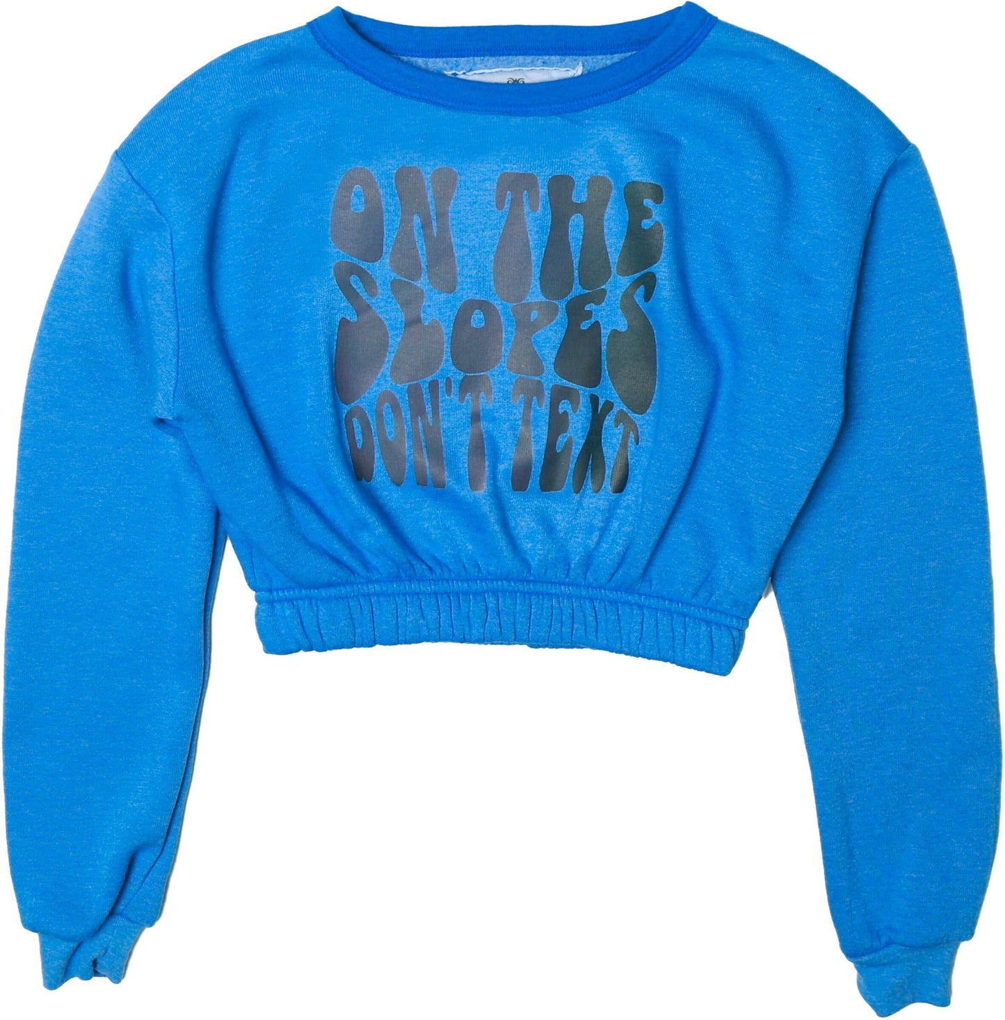 Cropped Elastic-Waisted Long-Sleeved Crew Top ("ON THE SLOPES DON'T TEXT")