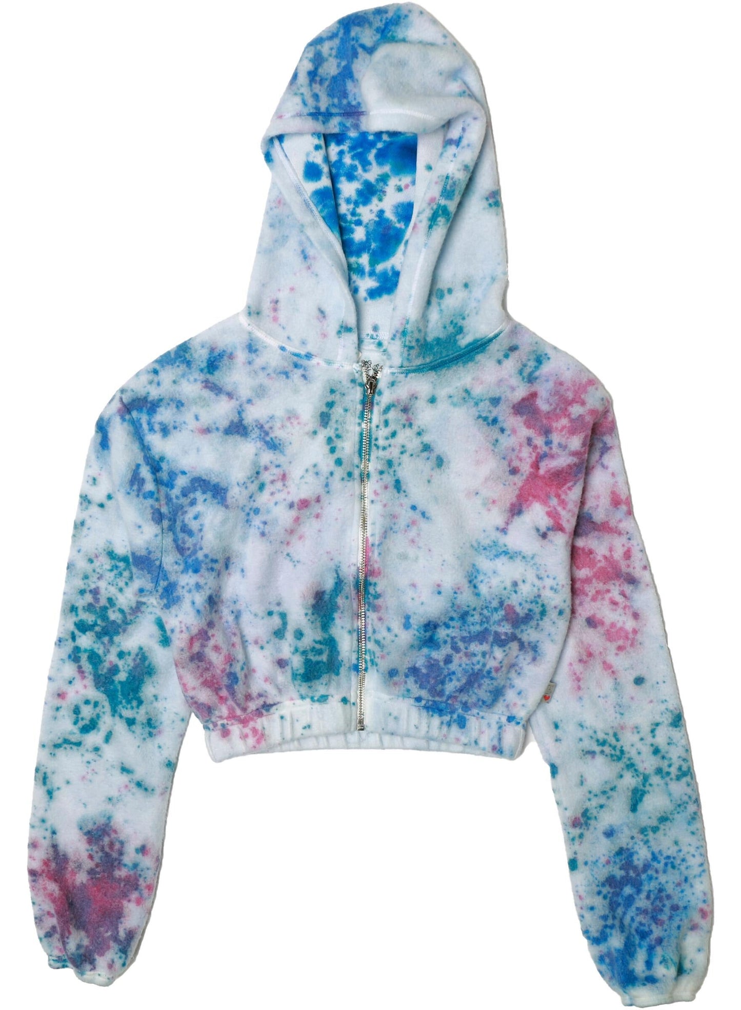 Cropped Elastic-Cuffed Hooded Jacket (Reversed-Fabric Multi-Splatter Tie-Dye)