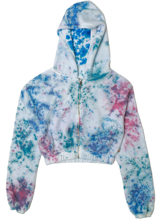 Cropped Elastic-Cuffed Hooded Jacket (Reversed-Fabric Multi-Splatter Tie-Dye)