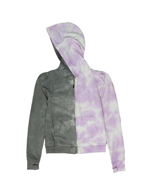 Puff-Shoulder Hooded Jacket (Grey-Lilac Split Tie-Dye)