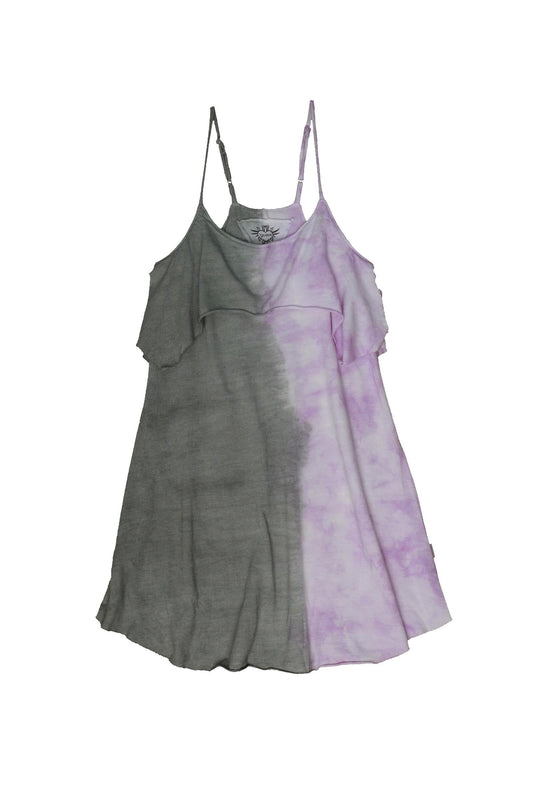 Spaghetti-Strap Ruffle Dress (Grey-Lilac Split Tie-Dye)