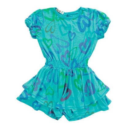 Double-Layer Puff-Sleeve Romper (Mixed Hearts Pattern)