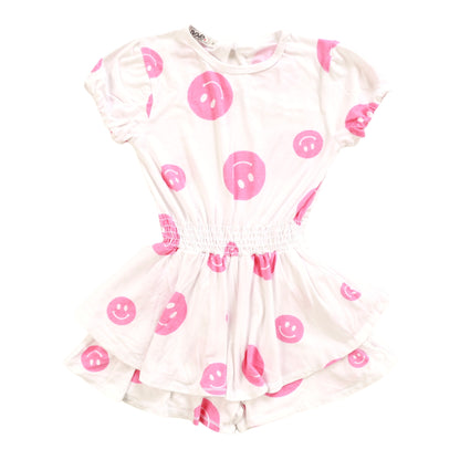 Double-Layer Puff-Sleeve Romper (Happy Face Pattern)