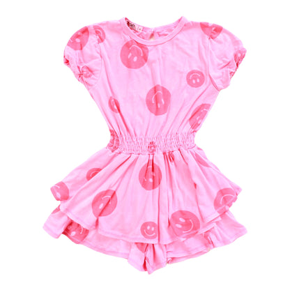 Double-Layer Puff-Sleeve Romper (Happy Face Pattern)
