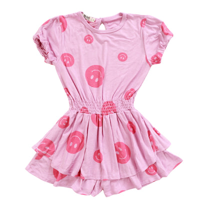 Double-Layer Puff-Sleeve Romper (Happy Face Pattern)