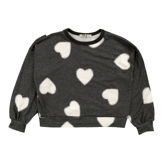 Balloon-Sleeve Pullover (White Fuzzy Heart Pattern)