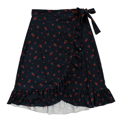 Ribbed Asymmetrical Ruffle Long Skirt (Cherries Pattern)